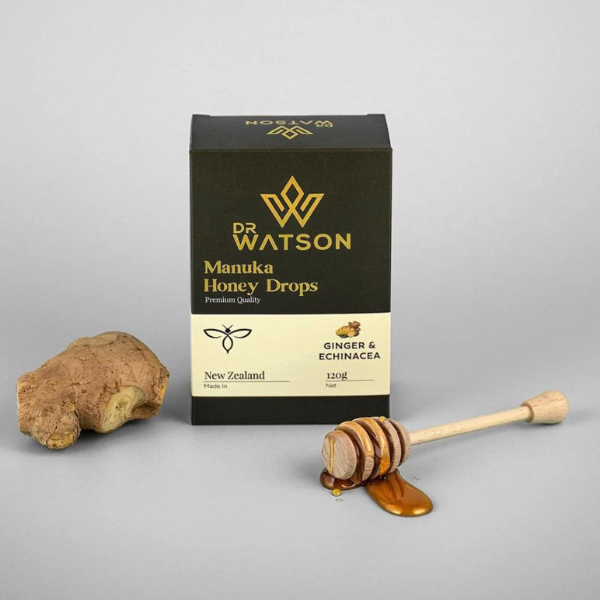 Dr Watson Manuka Honey Drops close up with honey and ginger extracts