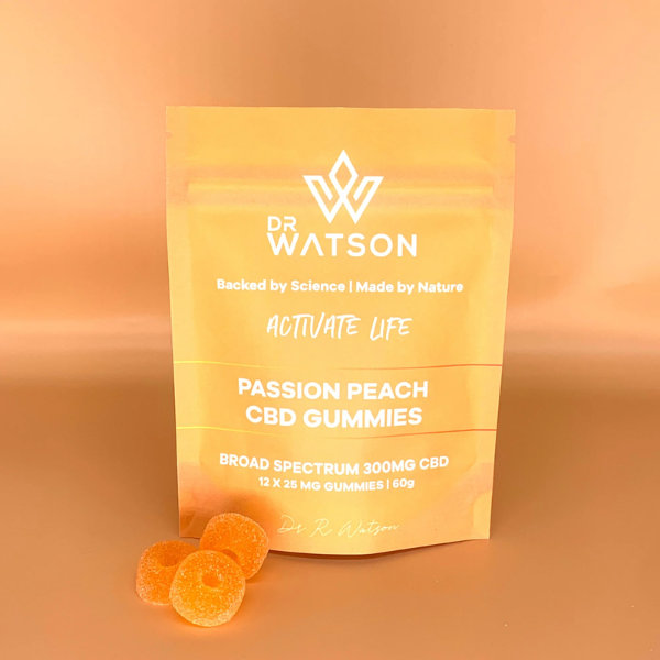 Dr Watson 100mg CBD Hemp Gummies with background