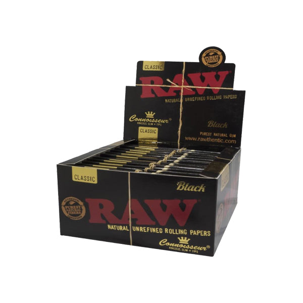 24 feuilles à rouler Raw Black Classic King Size Slim Connoisseur + embouts