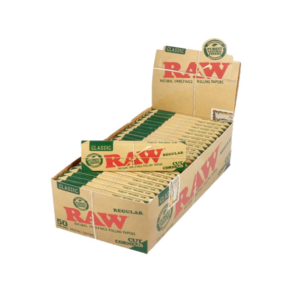 50 papeles de liar Raw Classic Green con corte de esquina regular