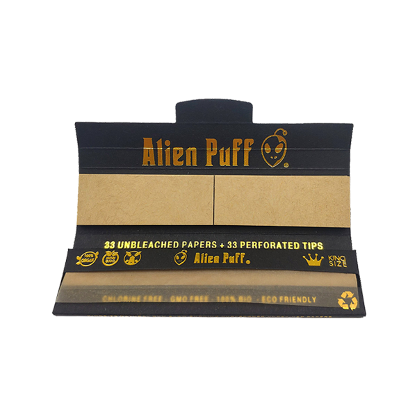 Alien Puff Black & Gold King Size Brown Rolling Papers + Tips - 33 Packs