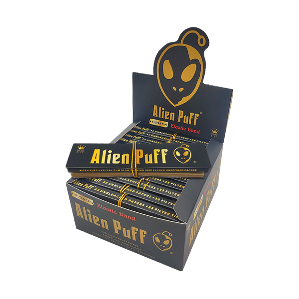 33 Alien Puff Noir &amp; Or King Size Bande Élastique Papiers Non Blanchis + Embouts Filtres