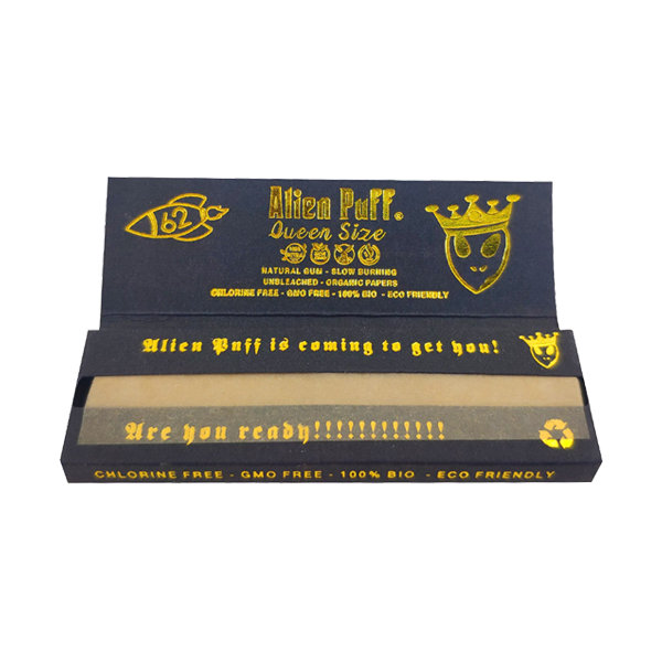 Alien Puff Black & Gold Queen Size Unbleached Brown Rolling Papers - 62 Packs