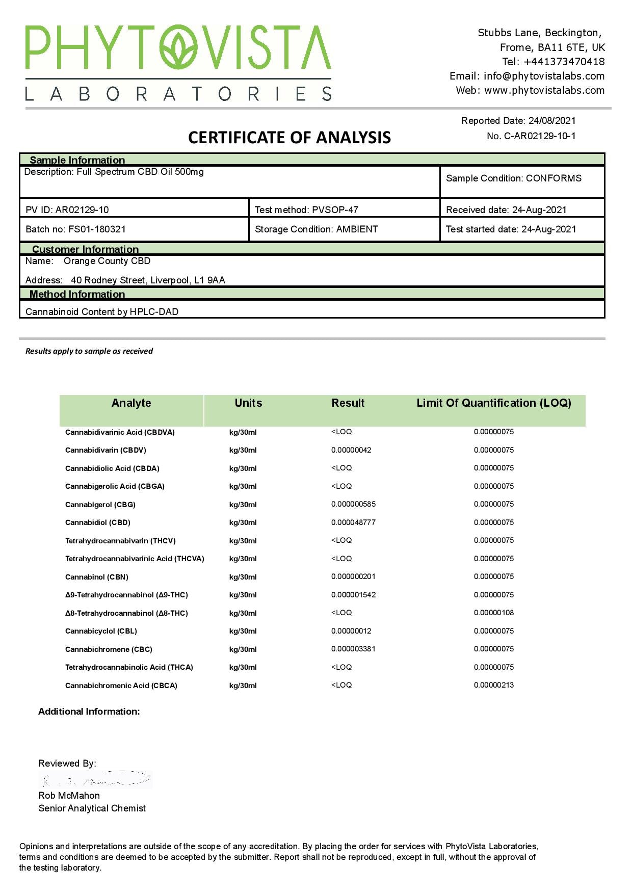 Aceite de CBD de espectro completo de 500 mg de CBD del condado de Orange - 10 ml