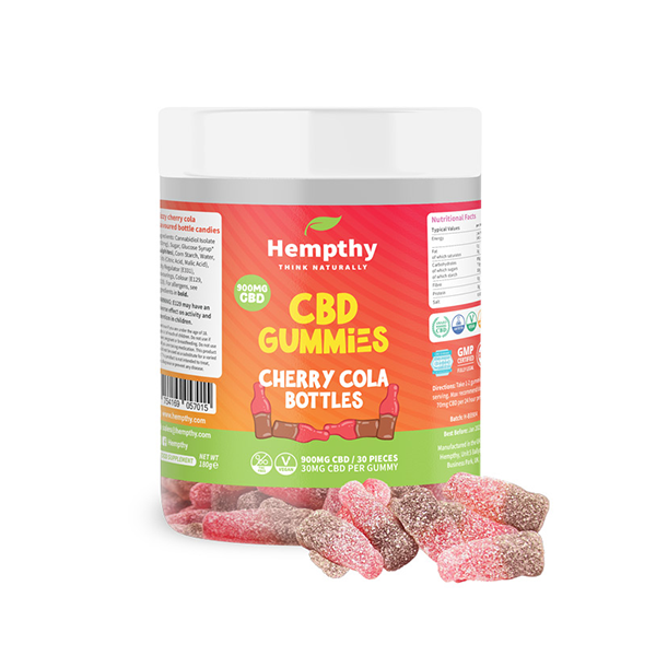 Bouteilles de cola cerise CBD Hempthy 900 mg - 30 pièces