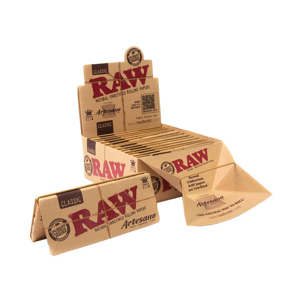 Raw Classic Artesano King Size Slim Rolling Papers + Tray & Tips - 15 Packs