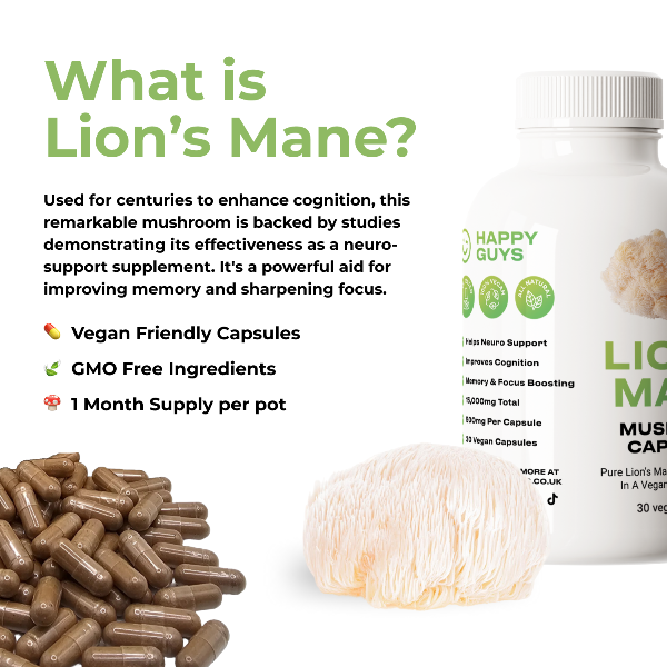 Happy Guys Organic Lions Mane Mushroom Capsules - Shop Now At The CBD Hut 