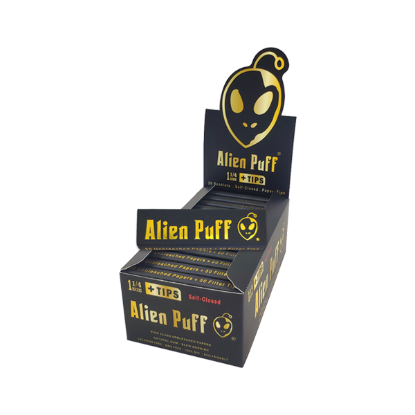 50 Alien Puff Black & Gold 1 1/4 Size Unbleached Brown Papers + Tips - Shop Now At The CBD Hut 